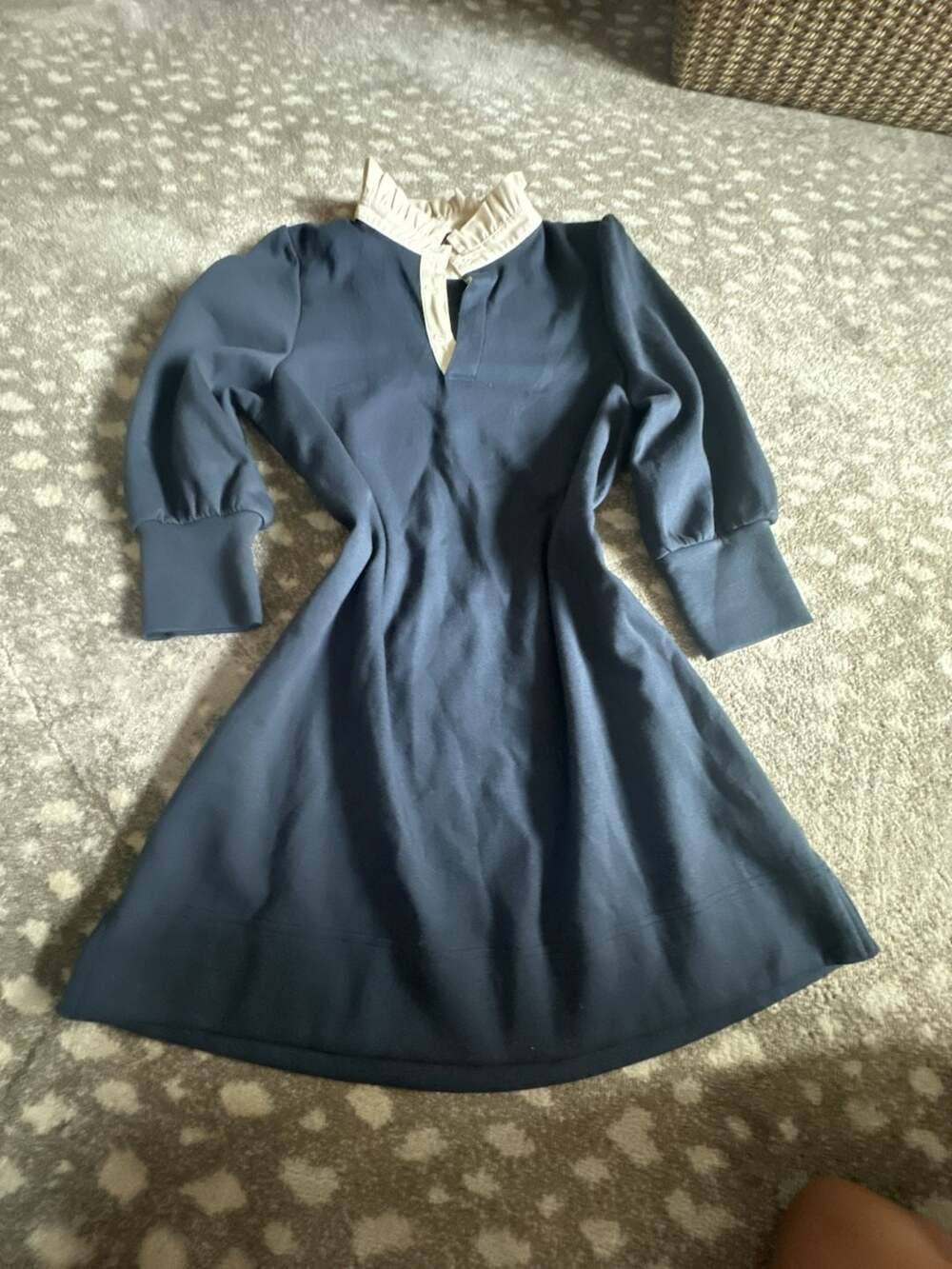 Pomander Place Dress Size M Blue Jersey Ruffle Collar Polo Midi